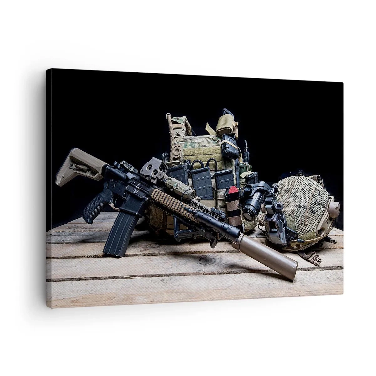 Quadro su tela - Stampe su Tela - Attrezzatura tattica con un fucile su un tavolo di legno - 70x50cm - Riposo! - Decorazione murale moderna per soggiorno e camera da letto ARTTOR