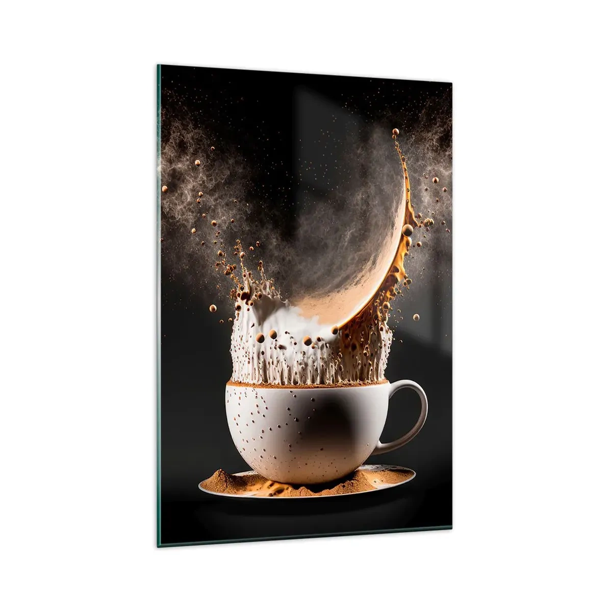 Quadro su vetro - Una tazza di caffè con un'esplosione dinamica di liquido su uno sfondo nero. - 80x120cm - Esplosione di sapore - Decorazione murale moderna per soggiorno e camera da letto ARTTOR