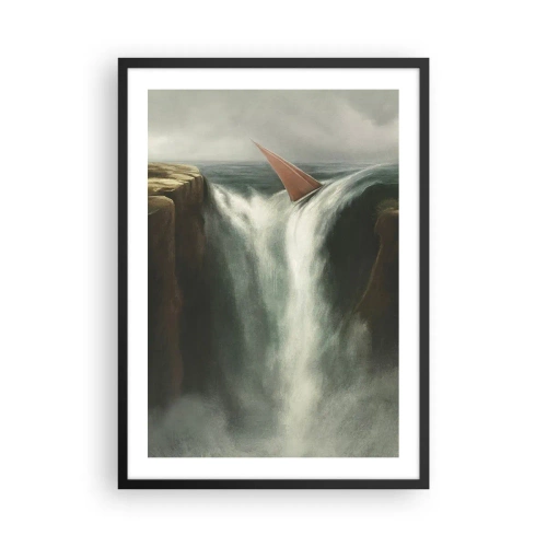 Poster in cornice nera - Una barca a vela cade da una cascata in un paesaggio surreale. - 50x70cm - Un avvertimento per la vita - Decorazione murale moderna per soggiorno e camera da letto ARTTOR