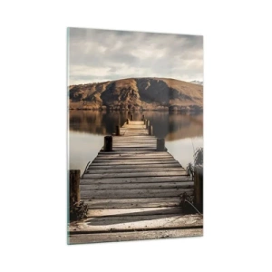 Quadro su vetro - Un molo di legno sopra un lago con vista sulle montagne sullo sfondo - 50x70cm - Paesaggio nel silenzio - Decorazione murale moderna per soggiorno e camera da letto ARTTOR