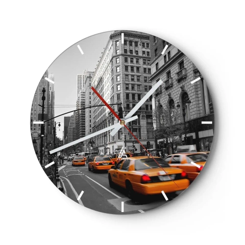Orologio da parete - Orologio in Vetro - Taxi gialli sulle strade cittadine in tonalità di grigio - 30x30cm - Il sole della grande città - Decorazione murale moderna per soggiorno, cucina e camera da letto ARTTOR