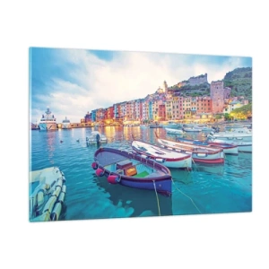 Quadro su vetro - Vista serale delle Cinque Terre con i suoi edifici colorati - 120x80cm - Sera colorata nel porto - Decorazione murale moderna per soggiorno e camera da letto ARTTOR