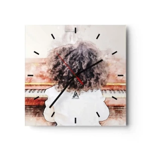 Orologio da parete - Orologio in Vetro - Una ragazza con i capelli folti al pianoforte - 30x30cm - Nel nuovo mondo - Decorazione murale moderna per soggiorno e camera da letto ARTTOR