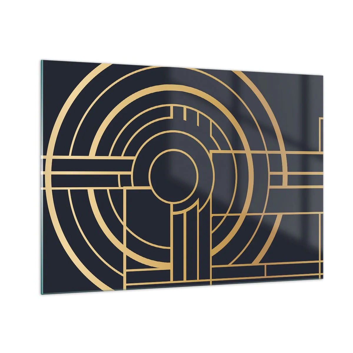 Quadro su vetro - Astrazione geometrica in oro e nero in stile Art Déco - 100x70cm - Il giro delle cose - Decorazione murale moderna per soggiorno e camera da letto ARTTOR