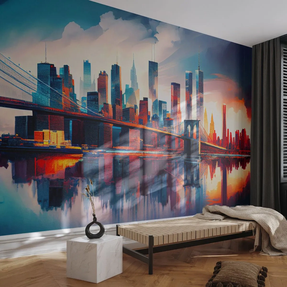 Fotomurali Premium Sand - Skyline di New York City con ponte e riflesso nell'acqua al tramonto - 100x70cm - Una New York spettacolare - Decorazione murale moderna per soggiorno e camera da letto ARTTOR