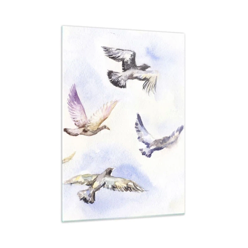 Quadro su vetro - Uccelli in volo contro un cielo limpido - 50x70cm - Libertà in grigio e blu - Decorazione murale moderna per soggiorno e camera da letto ARTTOR