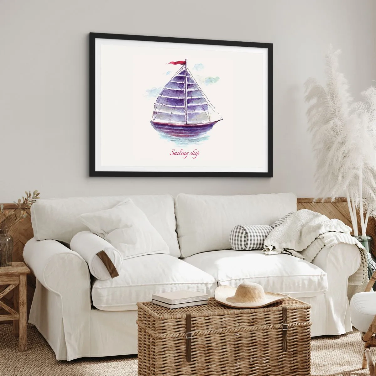 Poster in cornice nera - Un dipinto ad acquerello di una barca a vela sull'acqua con una delicata iscrizione - 70x50cm - Gonfie vele e mare calmo - Decorazione murale moderna per soggiorno e camera da letto ARTTOR