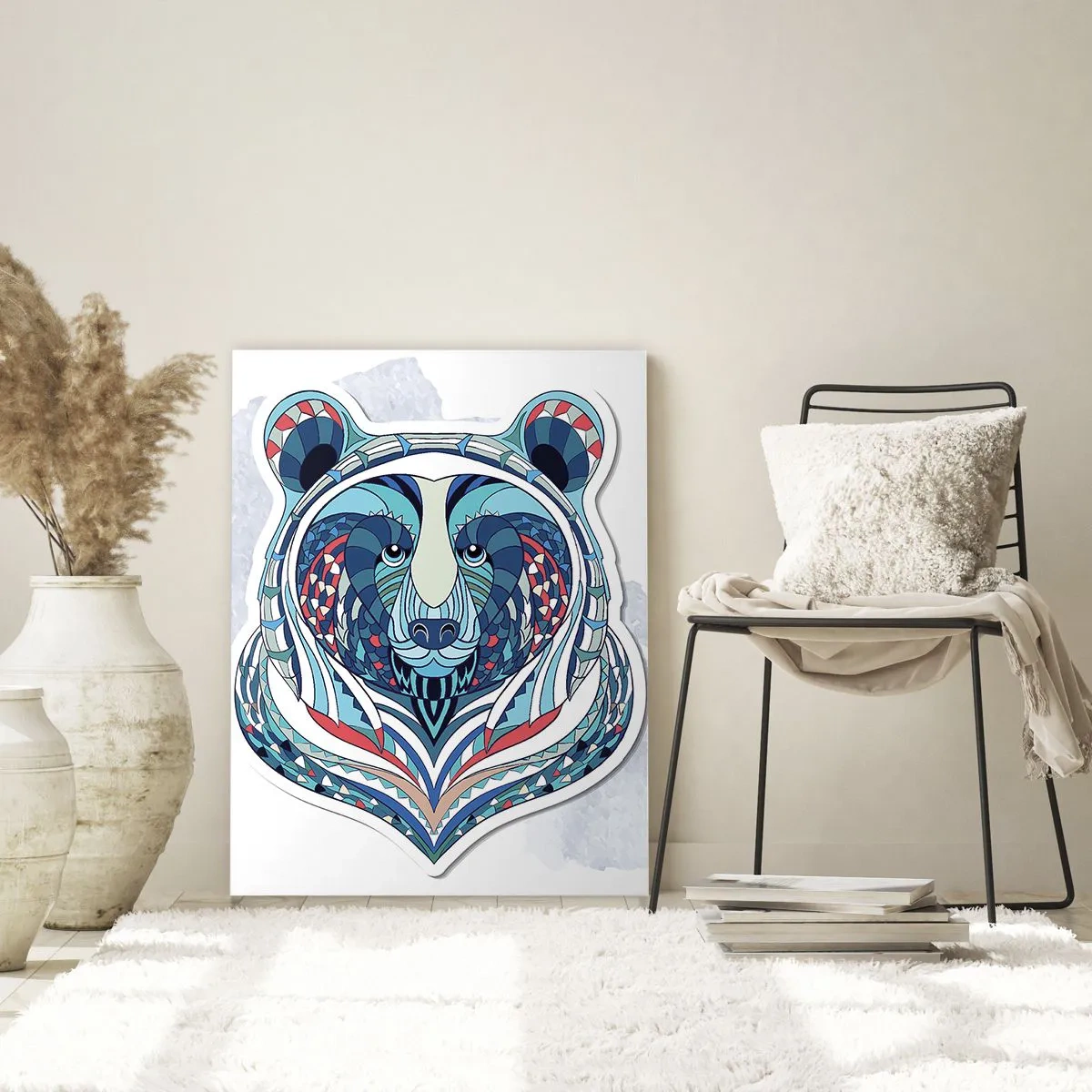 Quadro su vetro - Orso geometrico nei toni del blu e del rosso - 70x100cm - Evviva la Groenlandia! - Decorazione murale moderna per soggiorno e camera da letto ARTTOR