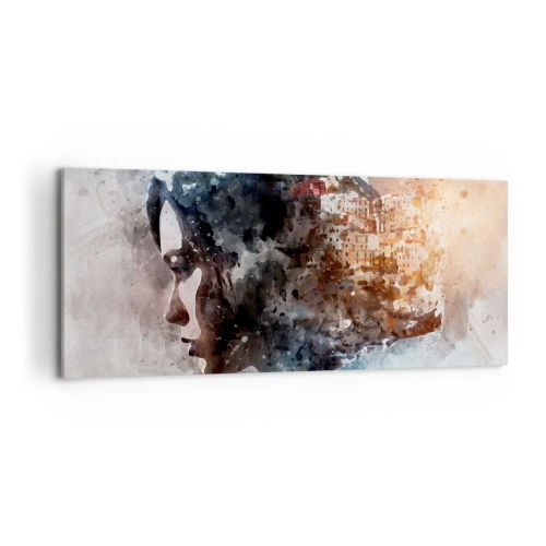 Quadro su tela - Stampe su Tela - Ritratto di una donna che combina il suo viso con un paesaggio urbano sullo sfondo - 120x50cm - Racconto su una ragazza con città sullo sfondo - Decorazione murale moderna per soggiorno e camera da letto ARTTOR