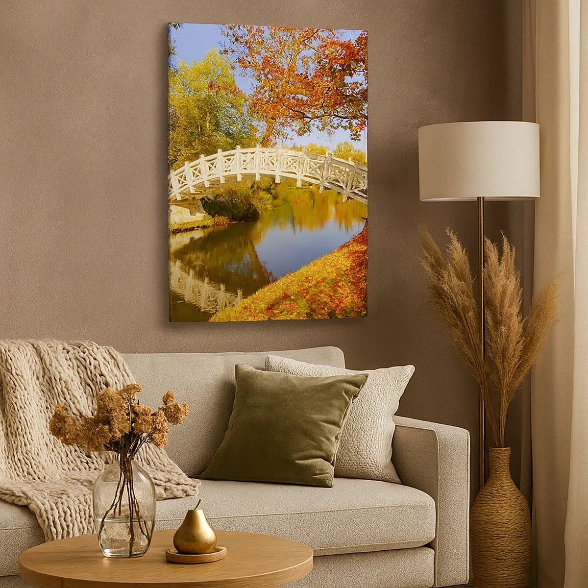 Quadro su tela - Stampe su Tela - Un ponte in un parco circondato da foglie autunnali su acque calme - 50x70cm - Sul bianco ponticello dei sospiri - Decorazione murale moderna per soggiorno e camera da letto ARTTOR