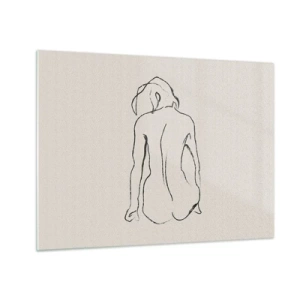 Quadro su vetro - Delicato schizzo di una donna seduta, disegnato in nero su sfondo chiaro. - 70x50cm - Nudo di ragazza - Decorazione murale moderna per soggiorno e camera da letto ARTTOR