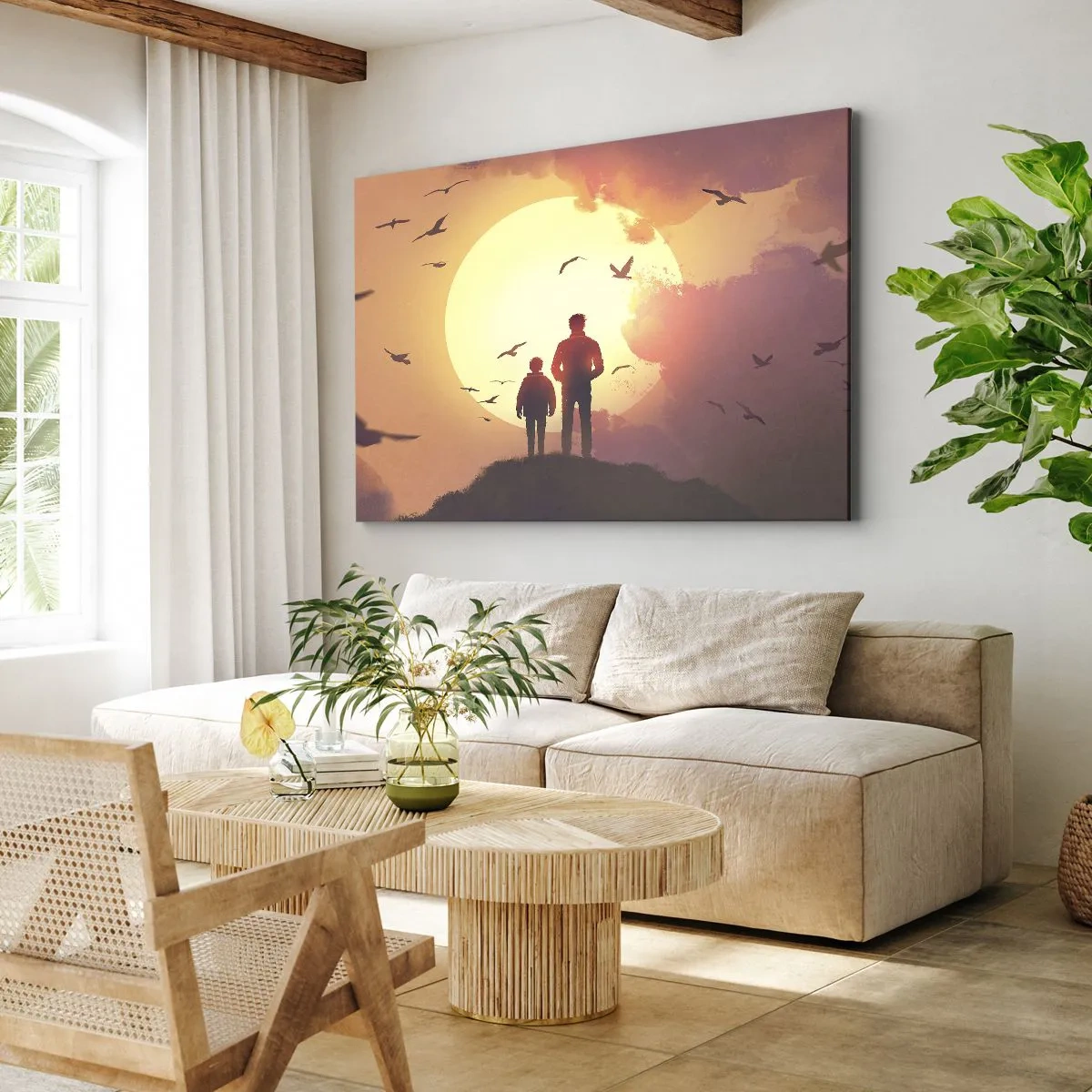 Quadro su tela - Stampe su Tela - Figure sullo sfondo del sole al tramonto - 100x70cm - Faccia a faccia con il sole - Decorazione murale moderna per soggiorno e camera da letto ARTTOR