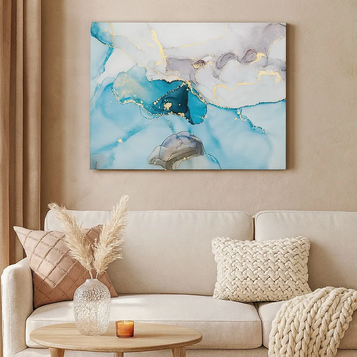 Quadro su tela - Stampe su Tela - Astrazione nei toni del blu e dell'oro con linee sottili - 70x50cm - Studio di incontro tra grigio e turchese - Decorazione murale moderna per soggiorno e camera da letto ARTTOR