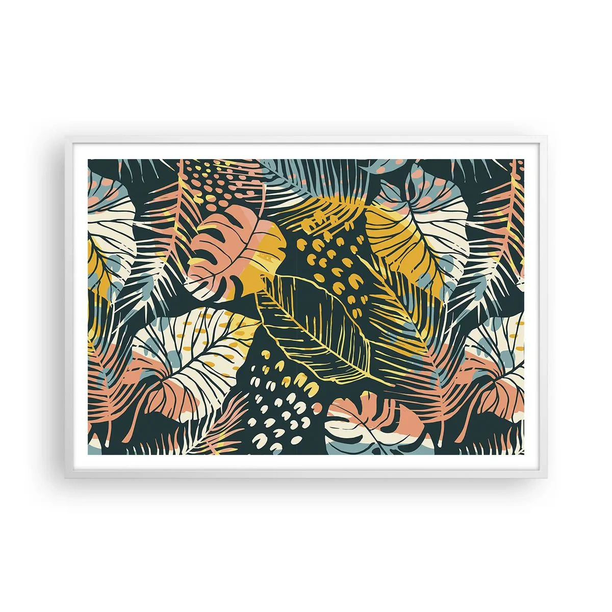 Poster in cornice bianca - Fantasia di foglie - 100x70 cm