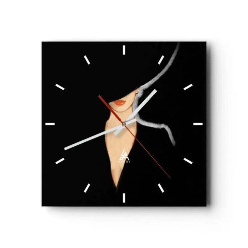 Orologio da parete - Orologio in Vetro - Silhouette di una donna con un cappello su uno sfondo nero - 30x30cm - Eleganza e stile - Decorazione murale moderna per soggiorno e camera da letto ARTTOR