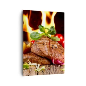 Quadro su tela - Stampe su Tela - Bistecca alla griglia con contorni sullo sfondo delle fiamme - 50x70cm - Incantate dal fuoco - Decorazione murale moderna per soggiorno e camera da letto ARTTOR