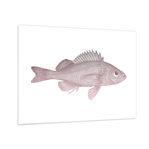 Quadro su vetro - Grafica di un pesce con un grande occhio in stile retrò su sfondo bianco - 70x50cm - Il pesce dagli occhi enormi - Decorazione murale moderna per soggiorno e camera da letto ARTTOR