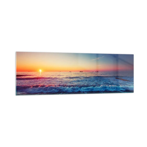 Quadro su vetro - Tramonto su un mare calmo con onde - 160x50cm - Cosa c'è dietro l'orizzonte? - Decorazione murale moderna per soggiorno e camera da letto ARTTOR