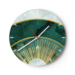 Orologio da parete - Orologio in Vetro - Grafica verde e oro con raggi che ricordano l'alba - 30x30cm - Un altro sistema solare - Decorazione murale moderna per soggiorno, cucina e camera da letto ARTTOR