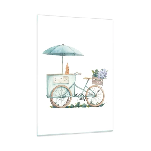 Quadro su vetro - Una bicicletta con gelato e fiori pastello - 50x70cm - Dolce ricordo d'estate - Decorazione murale moderna per soggiorno e camera da letto ARTTOR