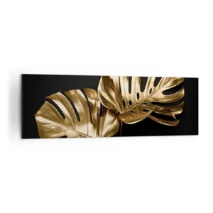 Quadro su tela - Stampe su Tela - Foglie di monstera dorate su sfondo nero - 160x50cm - I tesori della natura - Decorazione murale moderna per soggiorno e camera da letto ARTTOR
