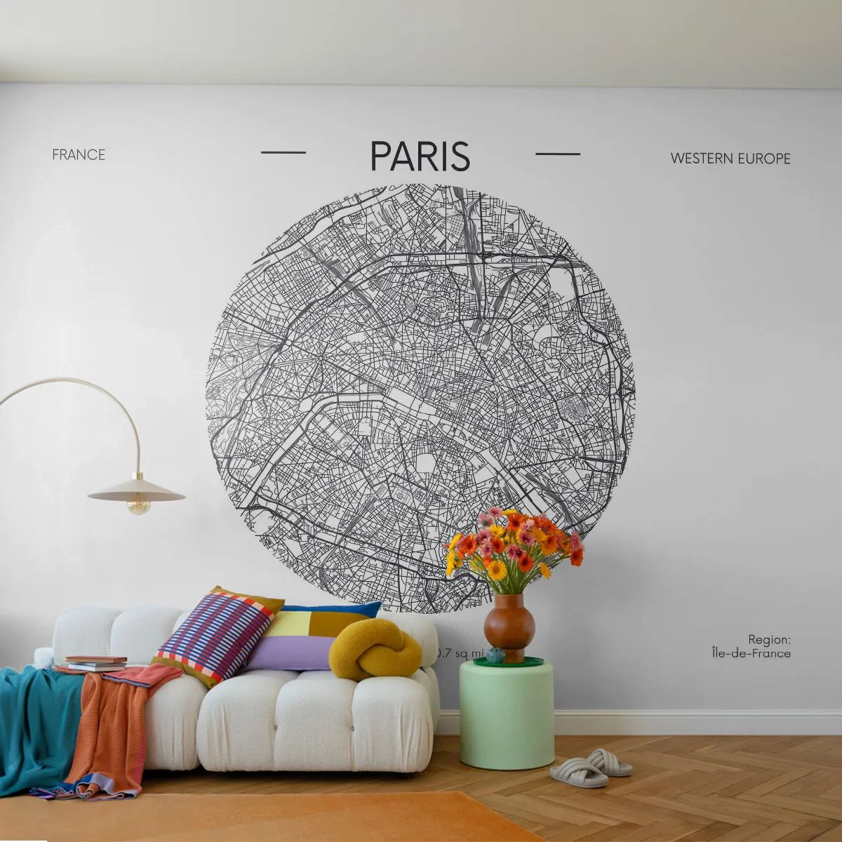 Fotomurali Premium Sand - Una mappa di Parigi a forma di cerchio su sfondo bianco - 100x70cm - Anatomia di Parigi - Decorazione murale moderna per soggiorno e camera da letto ARTTOR