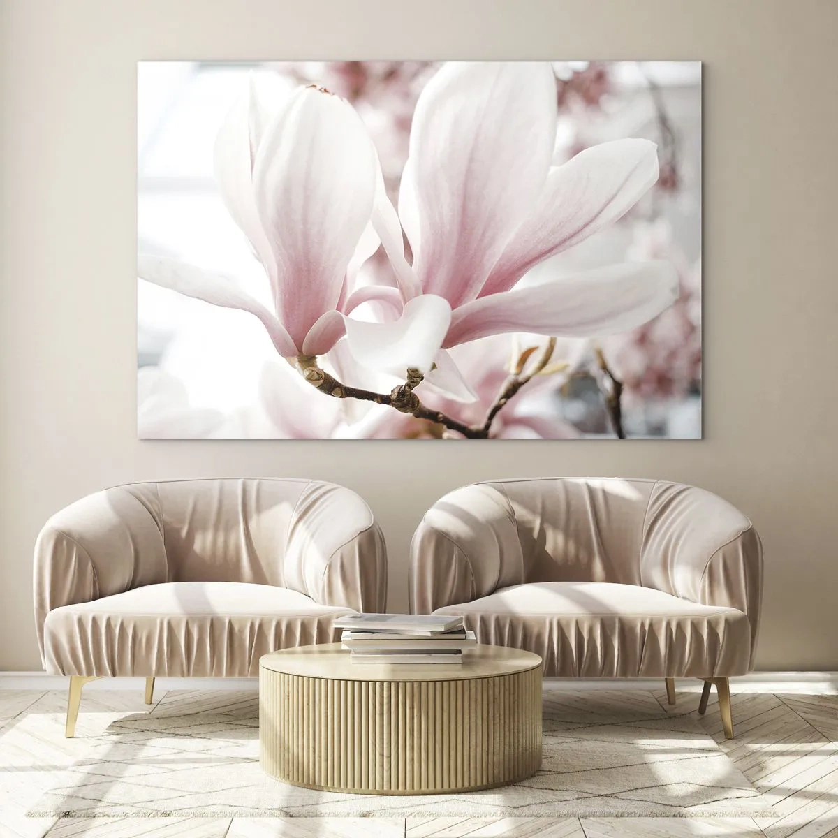 Quadro su vetro - Delicate magnolie rosa in primo piano su uno sfondo sfocato - 70x50cm - Tenerezza senza fine - Decorazione murale moderna per soggiorno e camera da letto ARTTOR