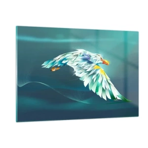 Quadro su vetro - Un'immagine astratta di un'aquila nei toni del blu e del bianco su uno sfondo di onde. - 120x80cm - Potenza del volo dell'aquila - Decorazione murale moderna per soggiorno e camera da letto ARTTOR