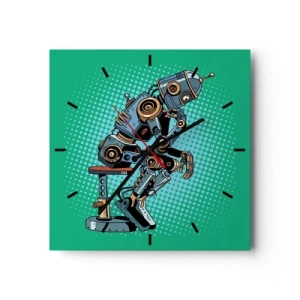 Orologio da parete - Orologio in Vetro - Robot pensatore in stile pop art su sfondo verde - 30x30cm - Sull'essenza dell'essere - Decorazione murale moderna per soggiorno e camera da letto ARTTOR