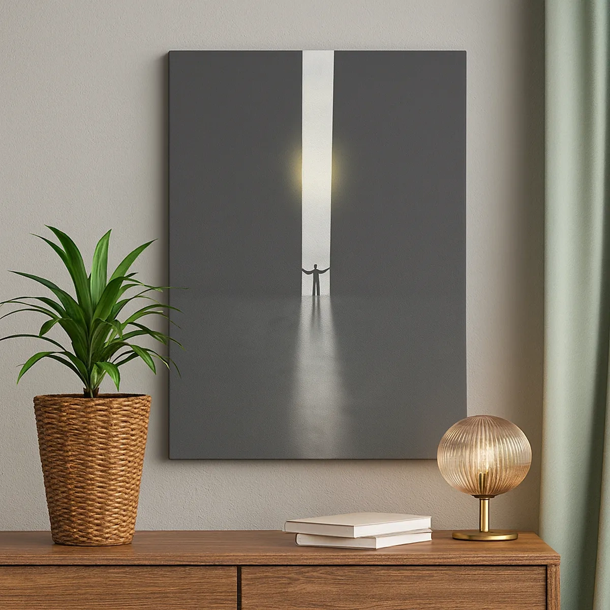 Quadro su tela - Stampe su Tela - Un uomo in piedi alla luce di una stretta fessura in uno spazio buio - 50x70cm - Un passo verso un chiaro futuro - Decorazione murale moderna per soggiorno e camera da letto ARTTOR