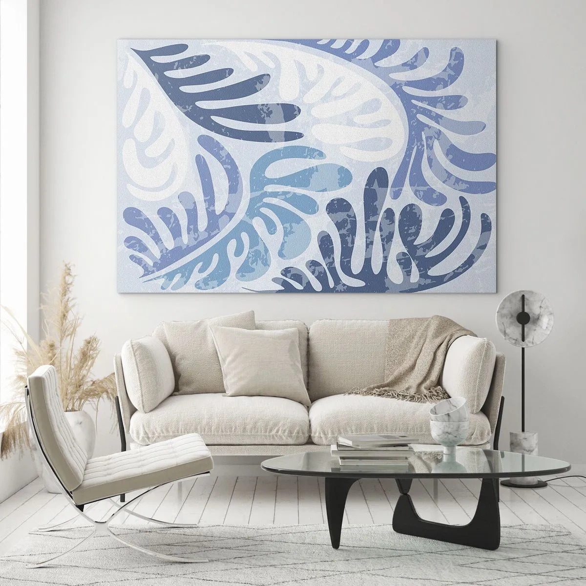 Quadro su vetro - Foglie di felce decorative nei toni del blu su uno sfondo chiaro - 100x70cm - Felci blu - Decorazione murale moderna per soggiorno e camera da letto ARTTOR