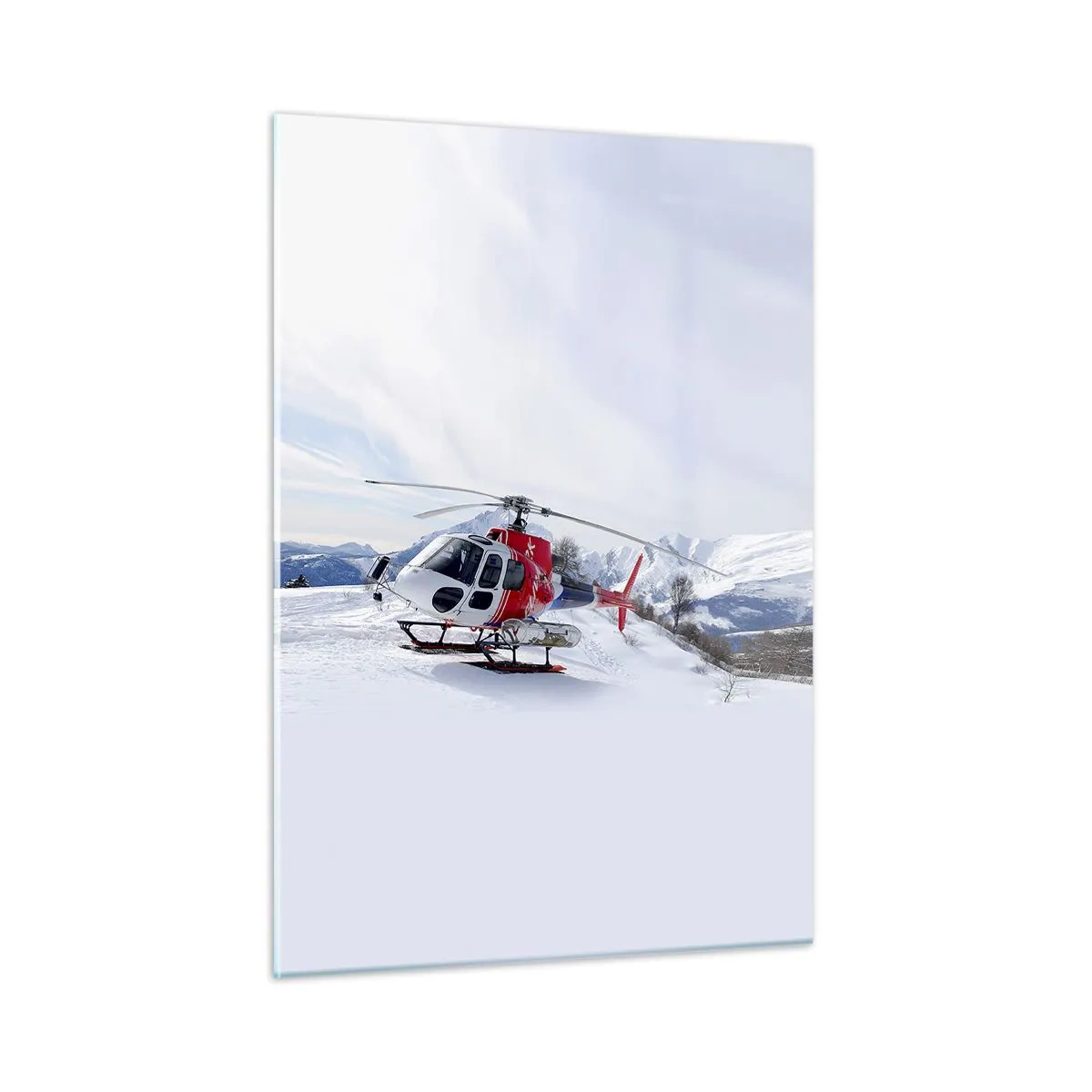 Quadro su vetro - Un elicottero rosso in uno scenario montano invernale - 50x70cm - Sempre pronto - Decorazione murale moderna per soggiorno e camera da letto ARTTOR