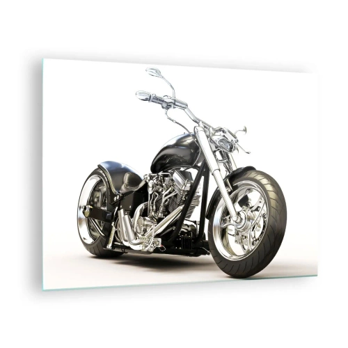 Quadro su vetro - Una motocicletta chopper nera su uno sfondo chiaro - 70x50cm - Potenza e carattere - Decorazione murale moderna per soggiorno e camera da letto ARTTOR