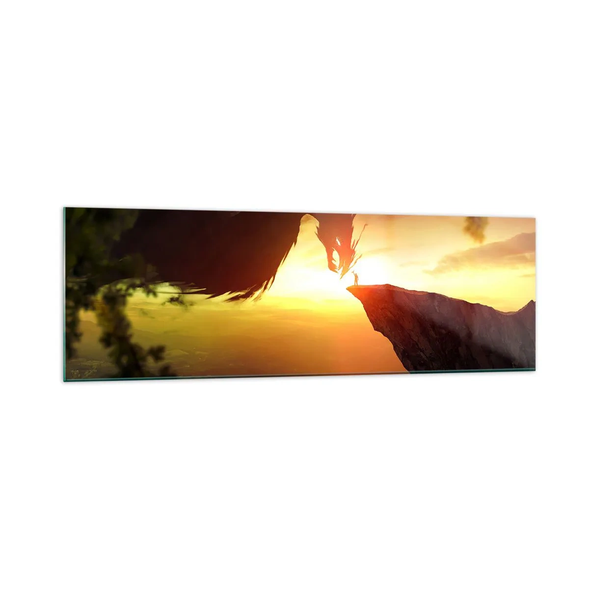 Quadro su vetro - Un drago e un uomo su una roccia al chiarore del sole al tramonto - 160x50cm - Il cacciatore di draghi - Decorazione murale moderna per soggiorno e camera da letto ARTTOR
