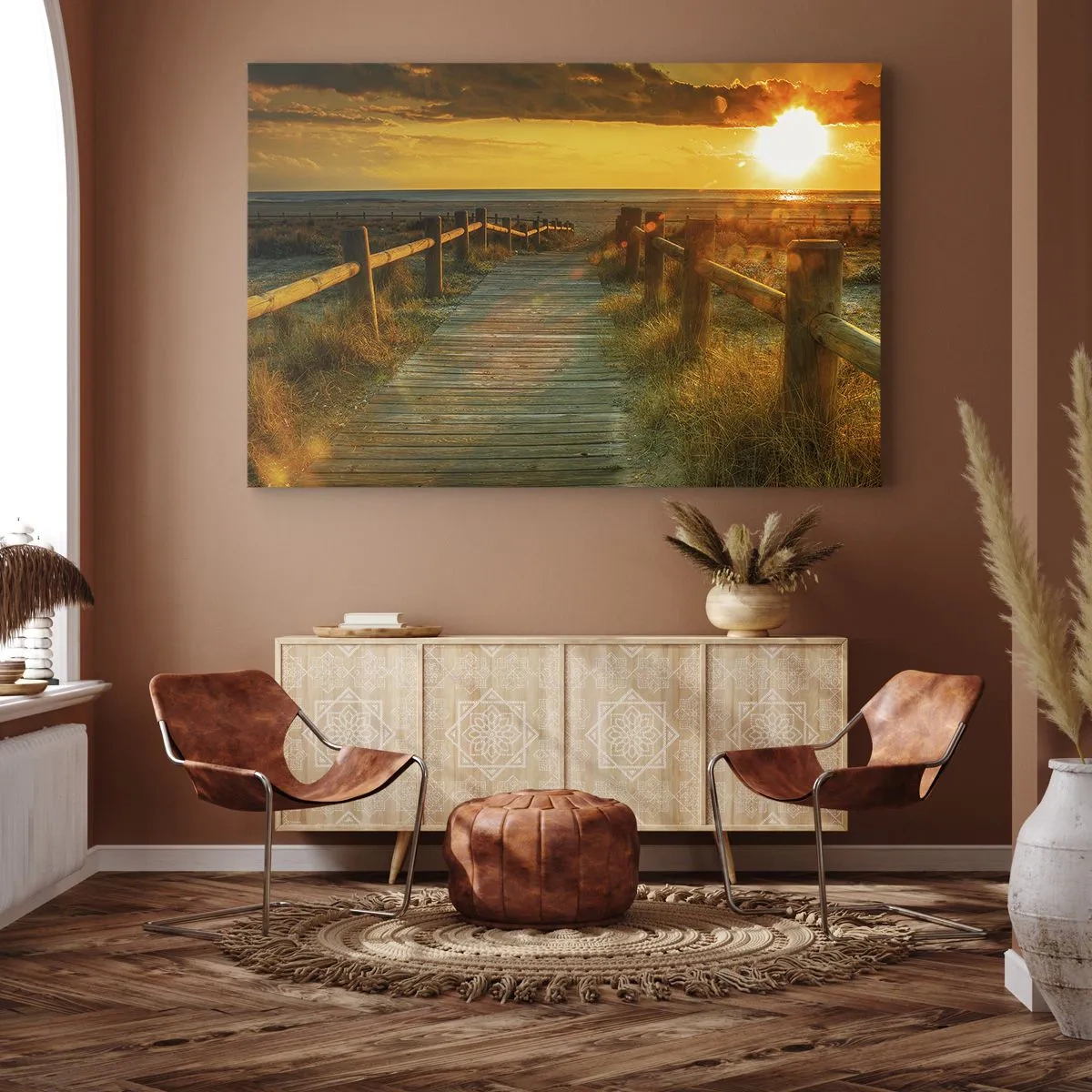 Quadro su tela - Stampe su Tela - Un sentiero in legno che conduce alla spiaggia al chiarore del sole al tramonto - 100x70cm - Immerse nell'oro vecchio - Decorazione murale moderna per soggiorno e camera da letto ARTTOR