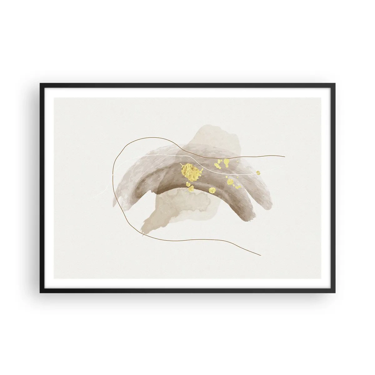 Poster in cornice nera - Una composizione astratta nei toni del beige e dell'oro. - 100x70cm - Incontro nello spazio - Decorazione murale moderna per soggiorno e camera da letto ARTTOR