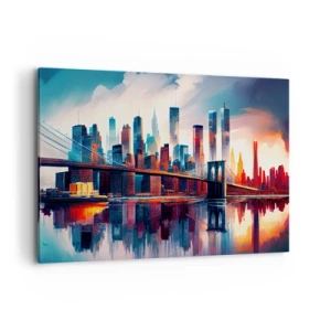 Quadro su tela - Stampe su Tela - Panorama di New York City con ponte e riflesso nell'acqua - 120x80cm - Una New York spettacolare - Decorazione murale moderna per soggiorno e camera da letto ARTTOR
