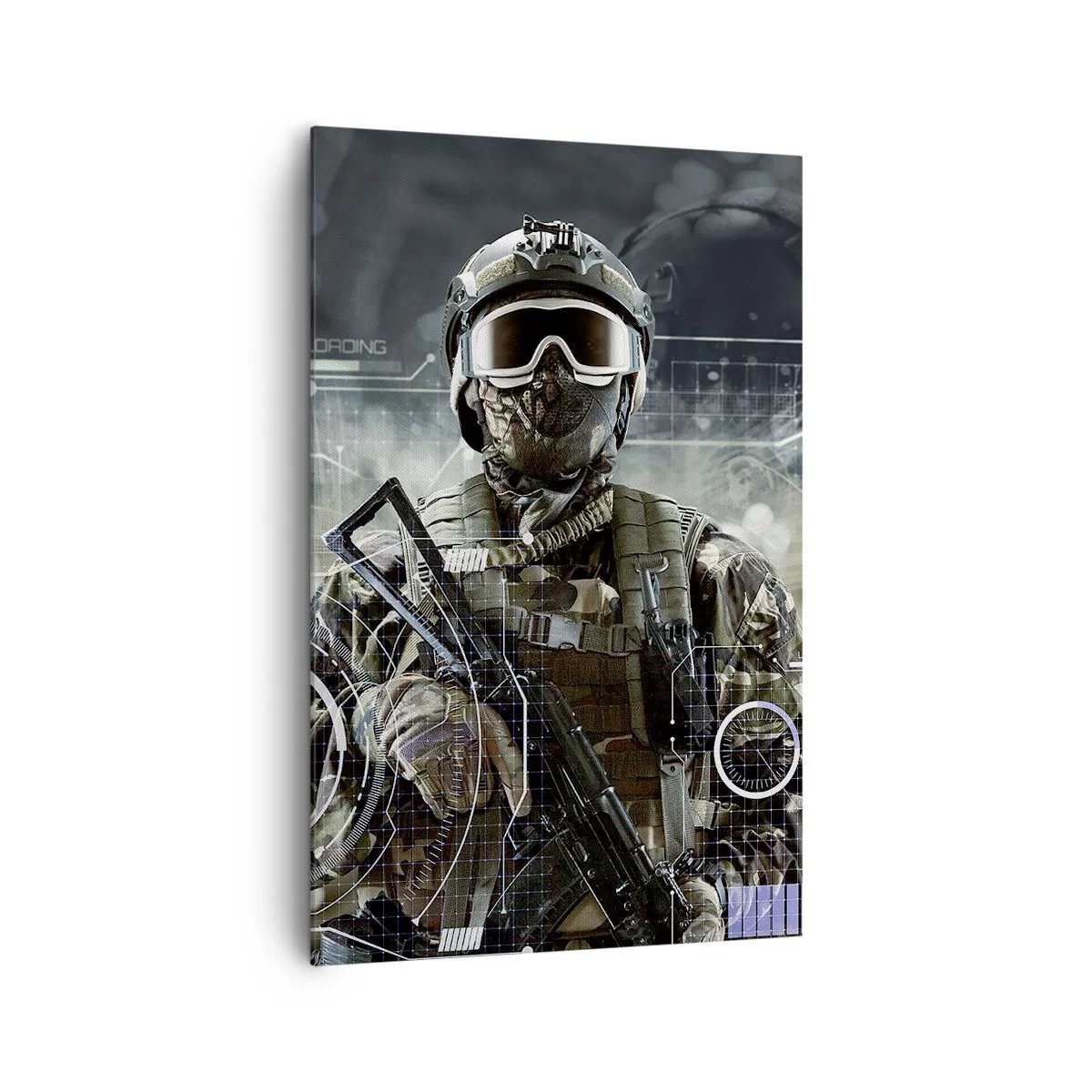 Quadro su tela - Stampe su Tela - Un soldato con un casco futuristico e una pistola sullo sfondo della tecnologia. - 80x120cm - Potenza al quadrato - Decorazione murale moderna per soggiorno e camera da letto ARTTOR