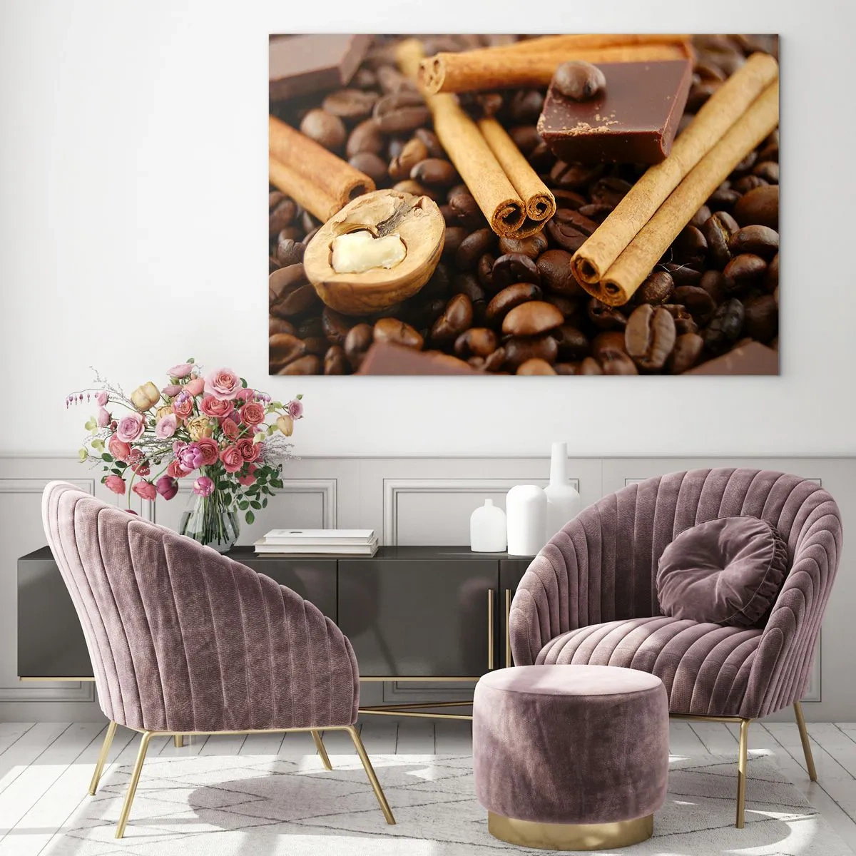 Quadro su vetro - Primo piano di caffè, cannella, cioccolato e noci - 120x80cm - Concerto di sapori - Decorazione murale moderna per soggiorno e camera da letto ARTTOR