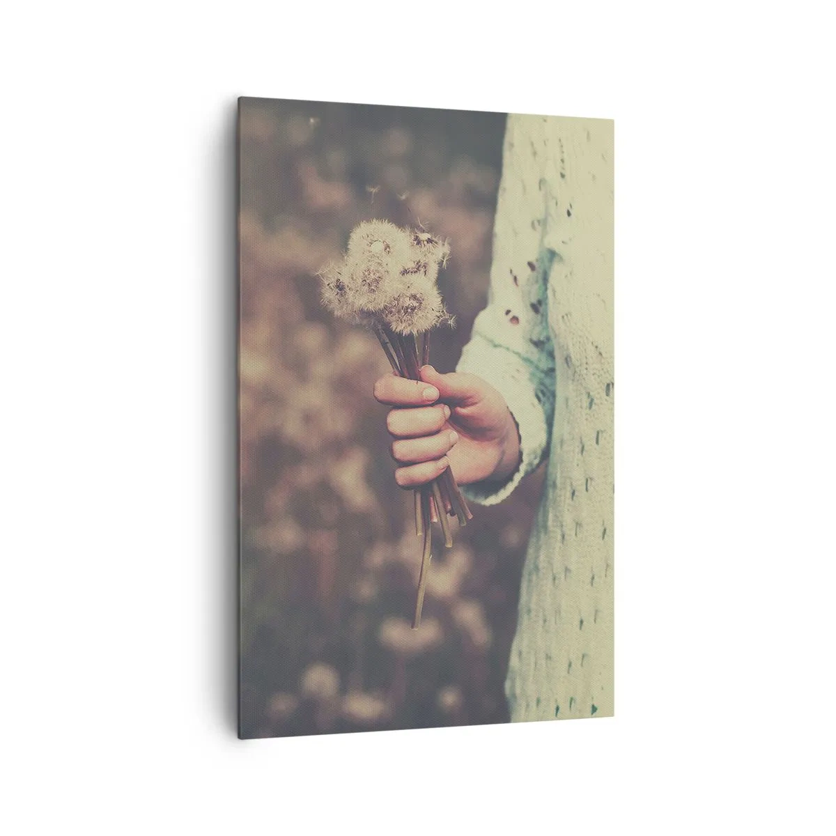 Quadro su tela - Stampe su Tela - Una mano che tiene dei denti di leone sullo sfondo sfocato di un campo pieno di fiori. - 80x120cm - Fermali per favore - Decorazione murale moderna per soggiorno e camera da letto ARTTOR