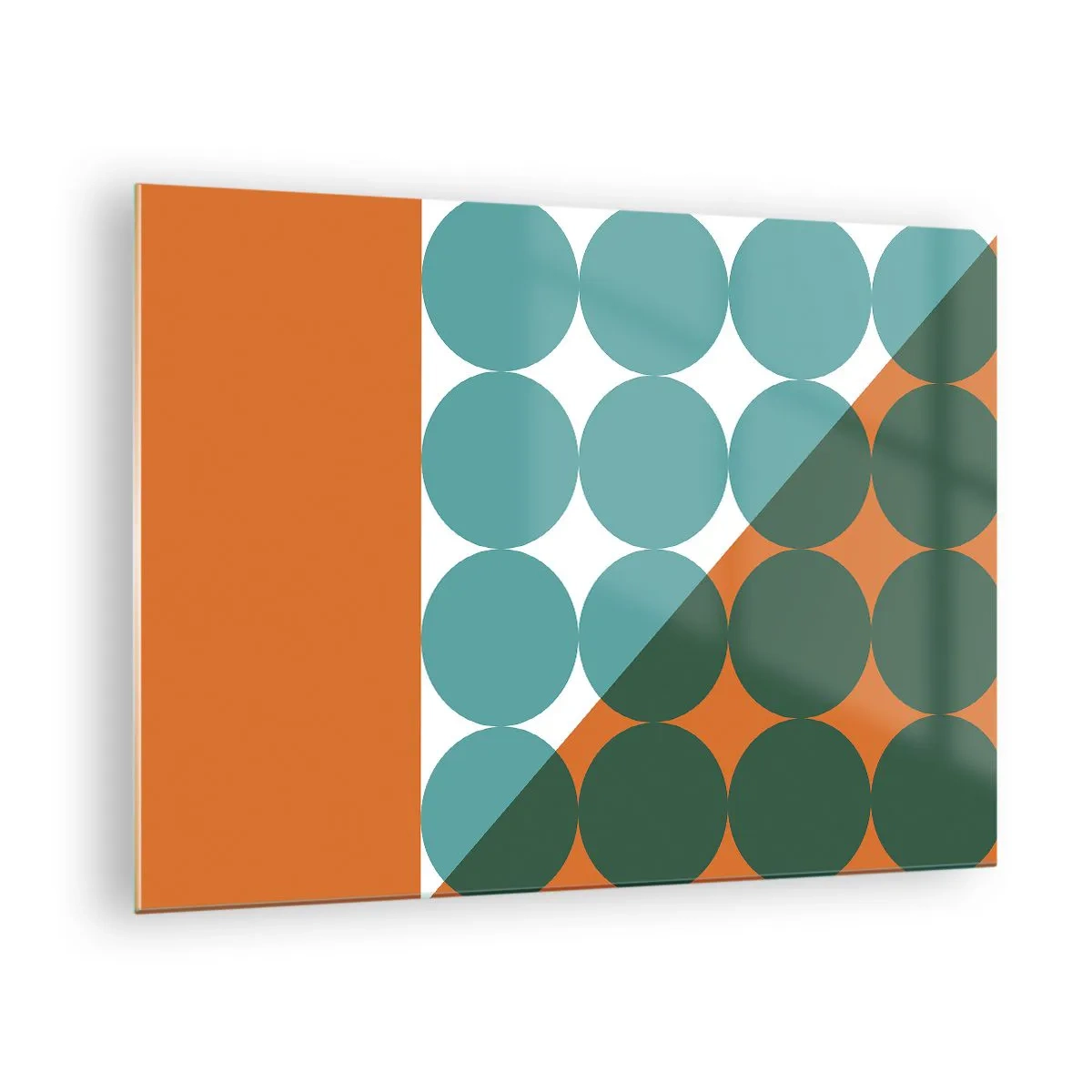 Quadro su vetro - Composizione geometrica astratta con cerchi e un triangolo - 70x50cm - In alto obliquo - Decorazione murale moderna per soggiorno e camera da letto ARTTOR