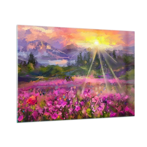 Quadro su vetro - Una pittoresca valle piena di fiori illuminata dai raggi del sole - 100x70cm - Nella valle sotto la cura del sole - Decorazione murale moderna per soggiorno e camera da letto ARTTOR