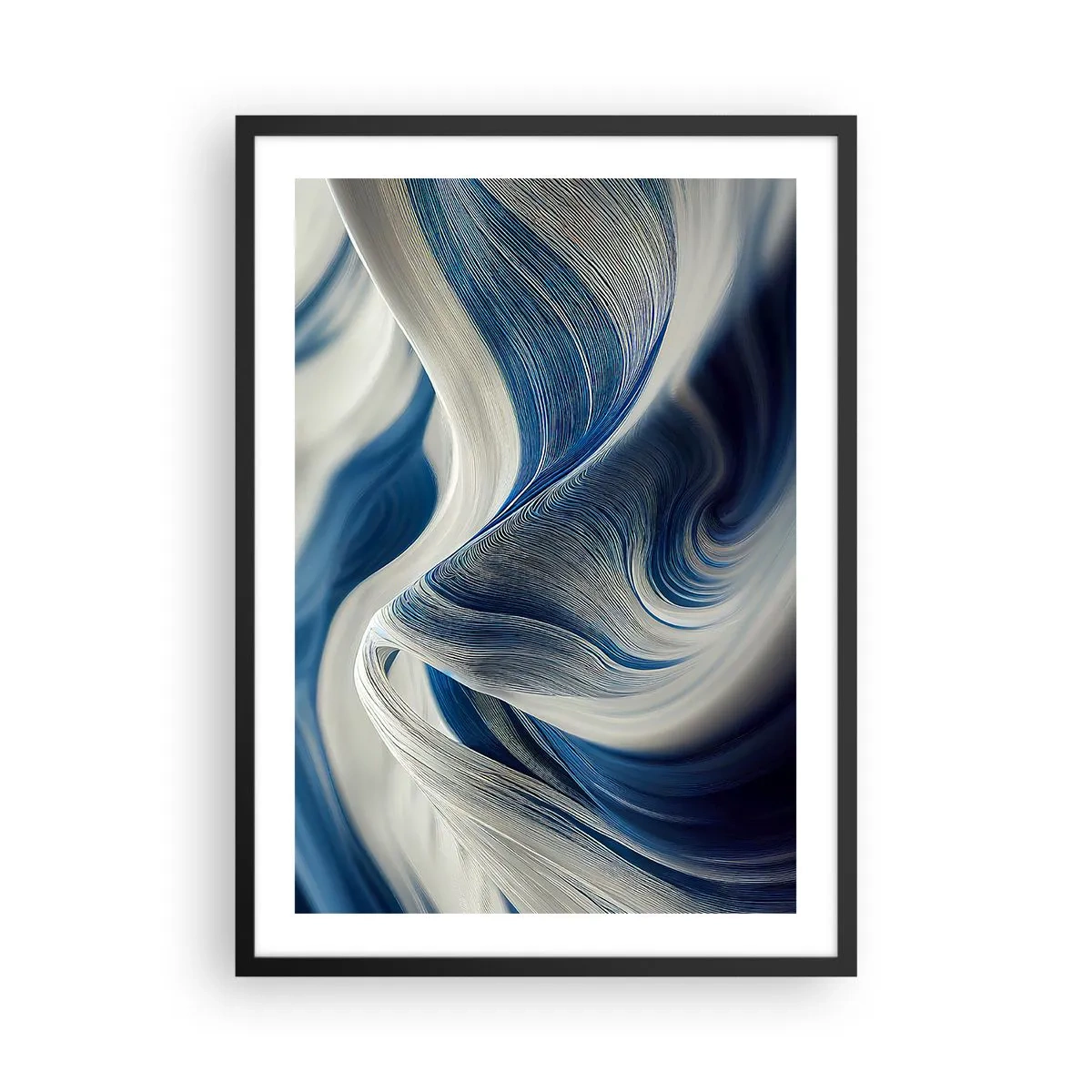Poster in cornice nera - Onde astratte nei toni del blu navy e del bianco - 50x70cm - Fluidità di blu e di bianco - Decorazione murale moderna per soggiorno e camera da letto ARTTOR