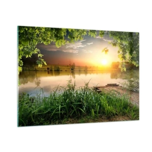 Quadro su vetro - Paesaggio con lago immerso nel verde al tramonto - 100x70cm - Paesaggio incorniciato di verde - Decorazione murale moderna per soggiorno e camera da letto ARTTOR