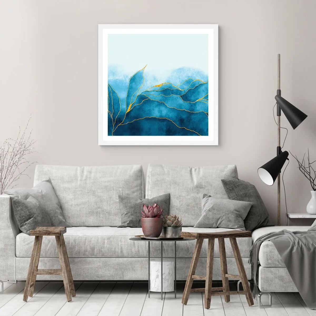 Poster in cornice bianca - Blu nell'oro - 30x30 cm