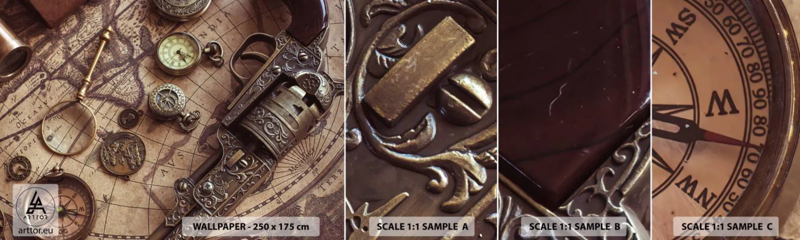 Campione di Fotomurale Adesivo Deluxe Sticker - La natura chiama - Mappa del mondo, Bussola, Revolver - 100x30 cm