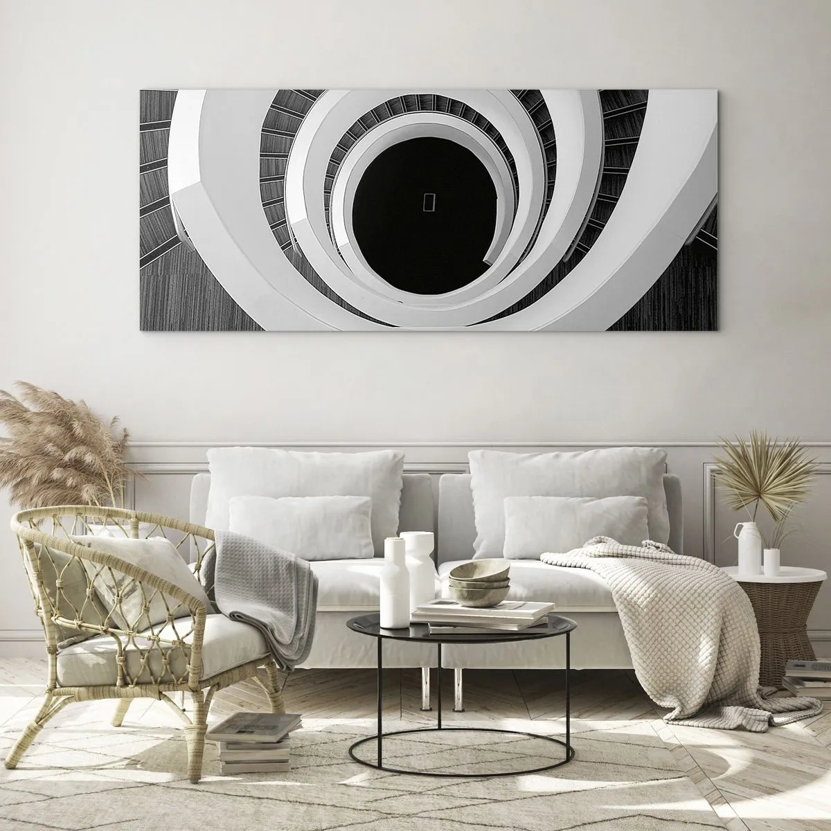 Quadro su vetro - Scala a chiocciola bianca e nera in stile moderno - 120x50cm - Verso l'essenza delle cose - Decorazione murale moderna per soggiorno e camera da letto ARTTOR