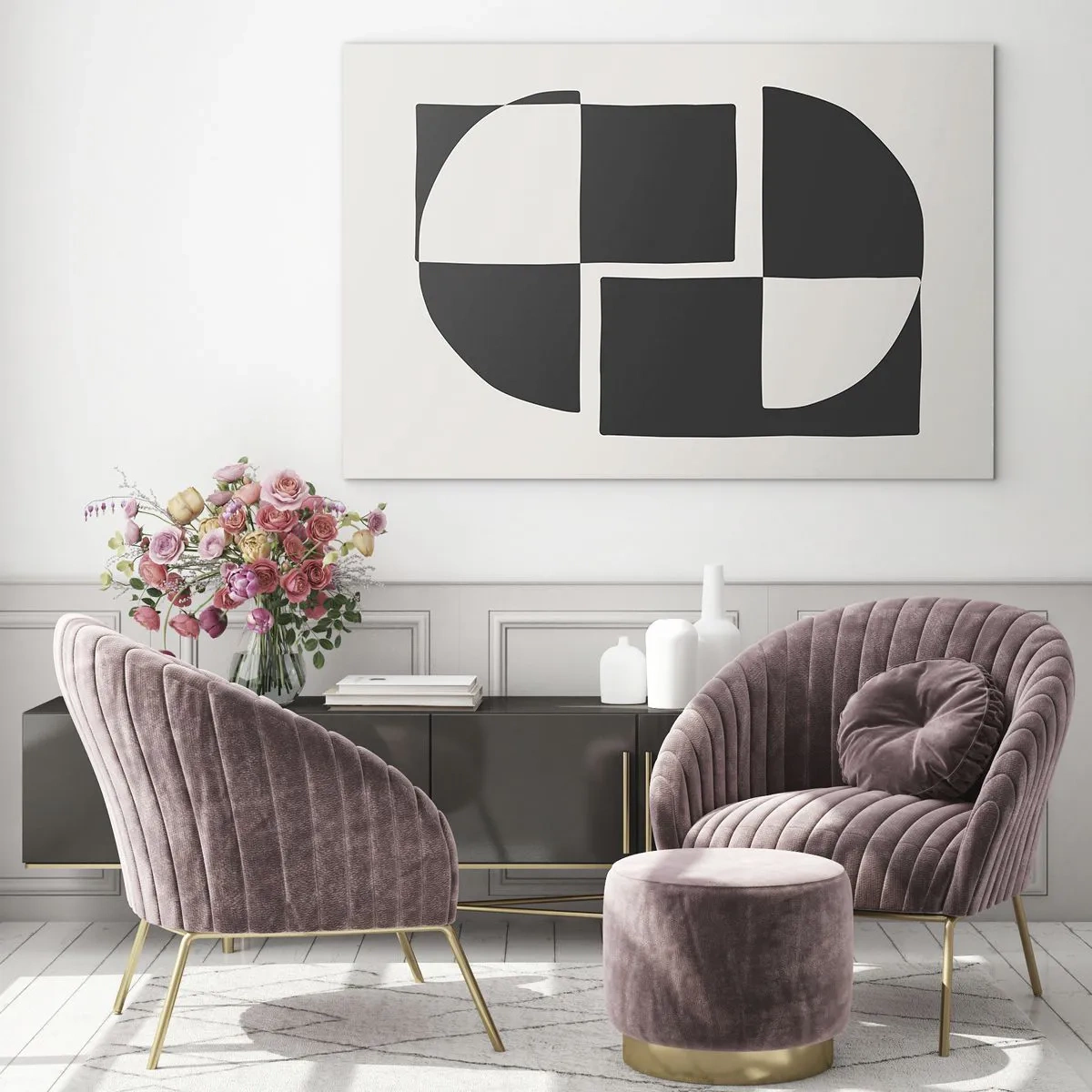 Quadro su vetro - Composizione geometrica di forme in bianco e nero - 120x80cm - Antitesi - sintesi - Decorazione murale moderna per soggiorno e camera da letto ARTTOR
