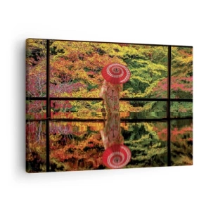 Quadro su tela - Stampe su Tela - Una donna in kimono con un ombrello sullo sfondo di un paesaggio autunnale. - 70x50cm - Nel tempio della natura - Decorazione murale moderna per soggiorno e camera da letto ARTTOR