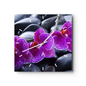 Orologio da parete - Orologio in Vetro - Orchidee viola su uno sfondo di pietre nere - 30x30cm - Le pietre brillano di ammirazione - Decorazione murale moderna per soggiorno e camera da letto ARTTOR